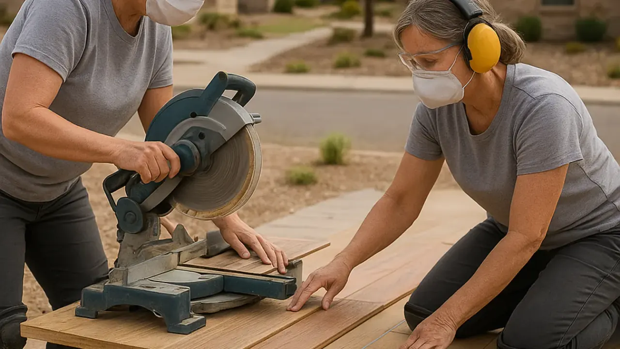 Hardwood Flooring in Abilene: team of two hardwood flooring installers coordinating, one cutting a board on a miter saw