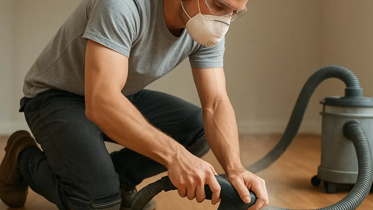 Hardwood Flooring in Abilene: hardwood flooring installer using an edge sander along the wall of a large living room